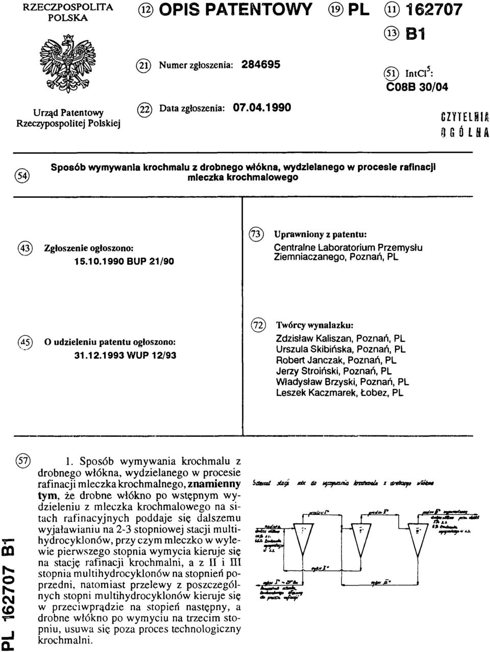 1990 Sposób wymywania krochmalu z drobnego włókna, wydzielanego w procesie rafinacji (54) mleczka krochmalowego (43) Zgłoszenie ogłoszono: 15.10.