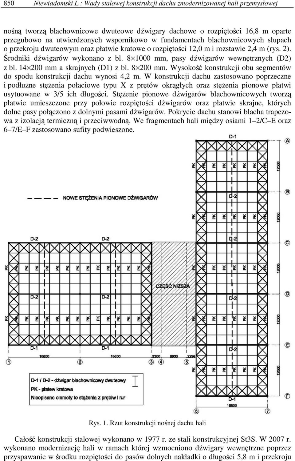 fundamentach blachownicowych słupach o przekroju dwuteowym oraz płatwie kratowe o rozpiętości 12,0 m i rozstawie 2,4 m (rys. 2). Środniki dźwigarów wykonano z bl.