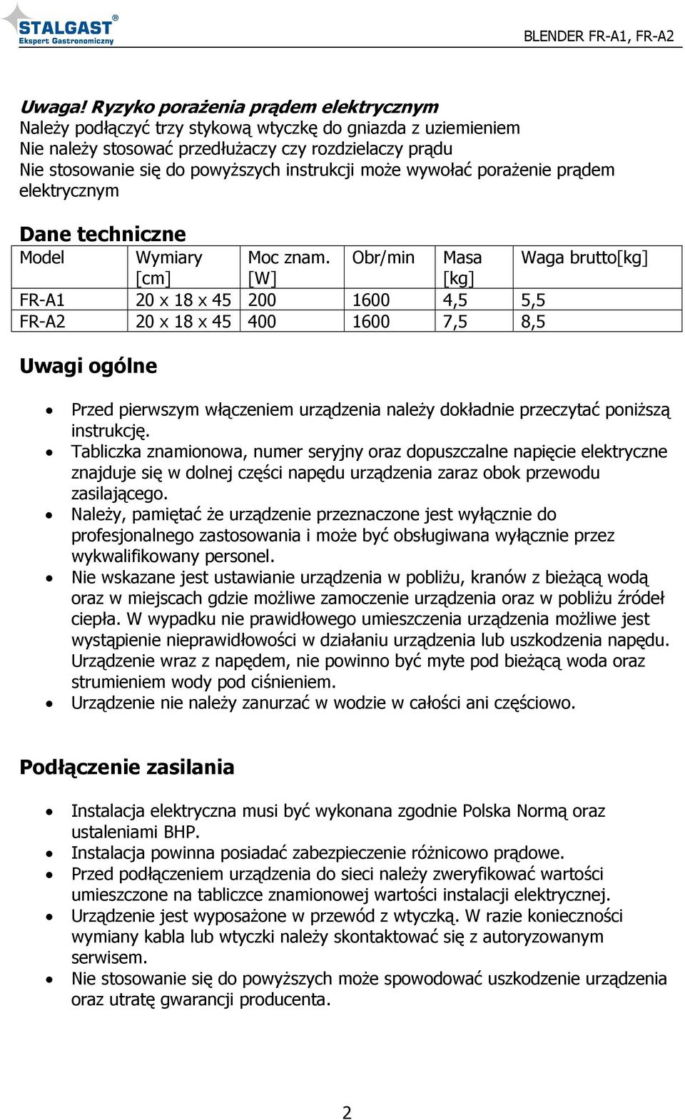 może wywołać porażenie prądem elektrycznym Dane techniczne Model Wymiary Moc znam.