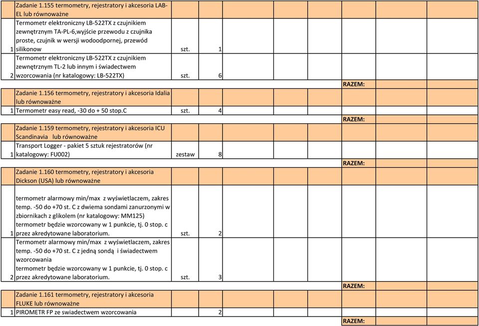 silikonow szt. 1 Termometr elektroniczny LB-522TX z czujnikiem zewnętrznym TL-2 lub innym i świadectwem 2 wzorcowania (nr katalogowy: LB-522TX) szt.