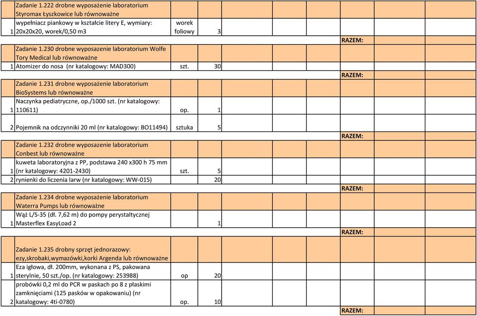 /1000 szt. (nr katalogowy: 1 110611) op. 1 2 Pojemnik na odczynniki 20 ml (nr katalogowy: BO11494) sztuka 5 Zadanie 1.