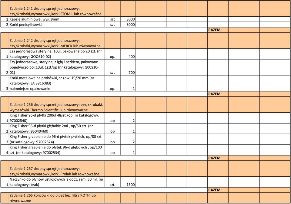 400 Ezy jednorazowe, sterylne, z igłą i oczkiem, pakowane pojedynczo poj.10ul, 1szt/op (nr katalogowy: G00S10-2 01) szt 700 Korki metalowe na probówki, śr zew.