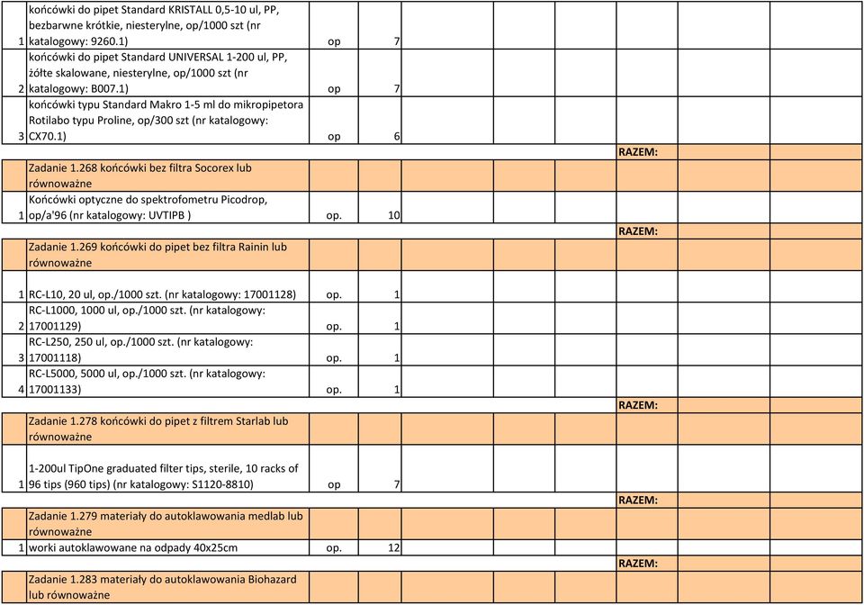 1) op 7 końcówki typu Standard Makro 1-5 ml do mikropipetora Rotilabo typu Proline, op/300 szt (nr katalogowy: 3 CX70.1) op 6 Zadanie 1.
