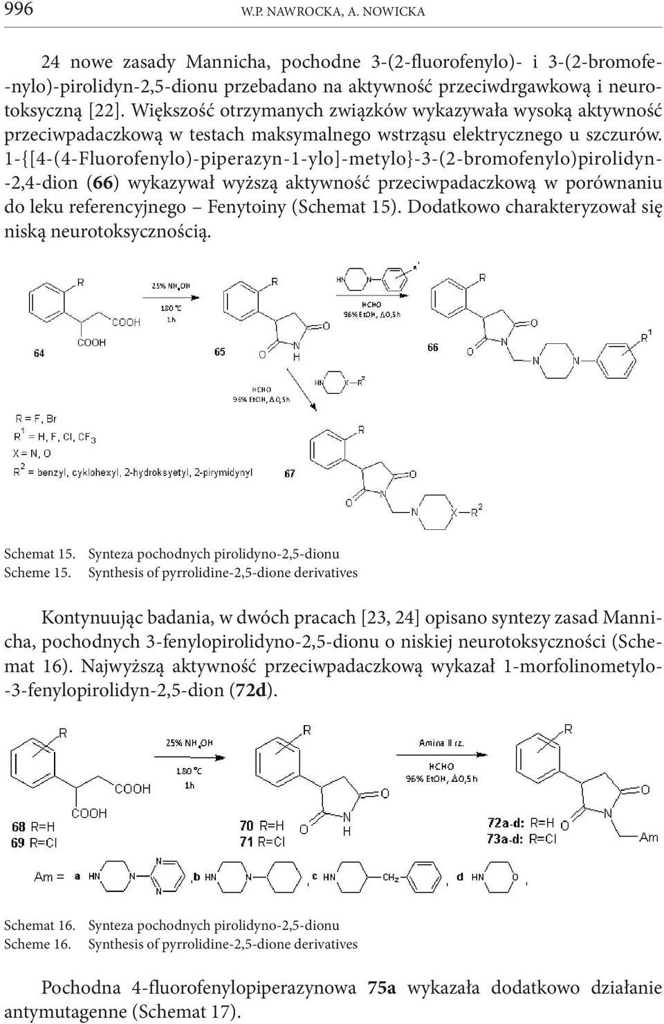 1-{[4-(4-Fluorofenylo)-piperazyn-1-ylo]-metylo}-3-(2-bromofenylo)pirolidyn- -2,4-dion (66) wykazywał wyższą aktywność przeciwpadaczkową w porównaniu do leku referencyjnego Fenytoiny (Schemat 15).