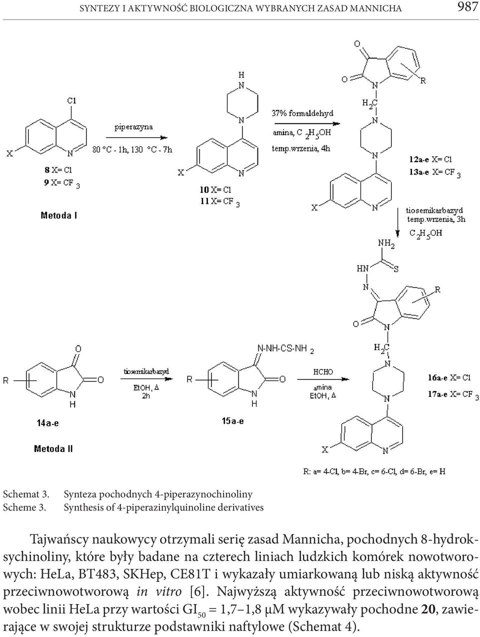 8-hydroksychinoliny, które były badane na czterech liniach ludzkich komórek nowotworowych: HeLa, BT483, SKHep, CE81T i wykazały umiarkowaną lub niską
