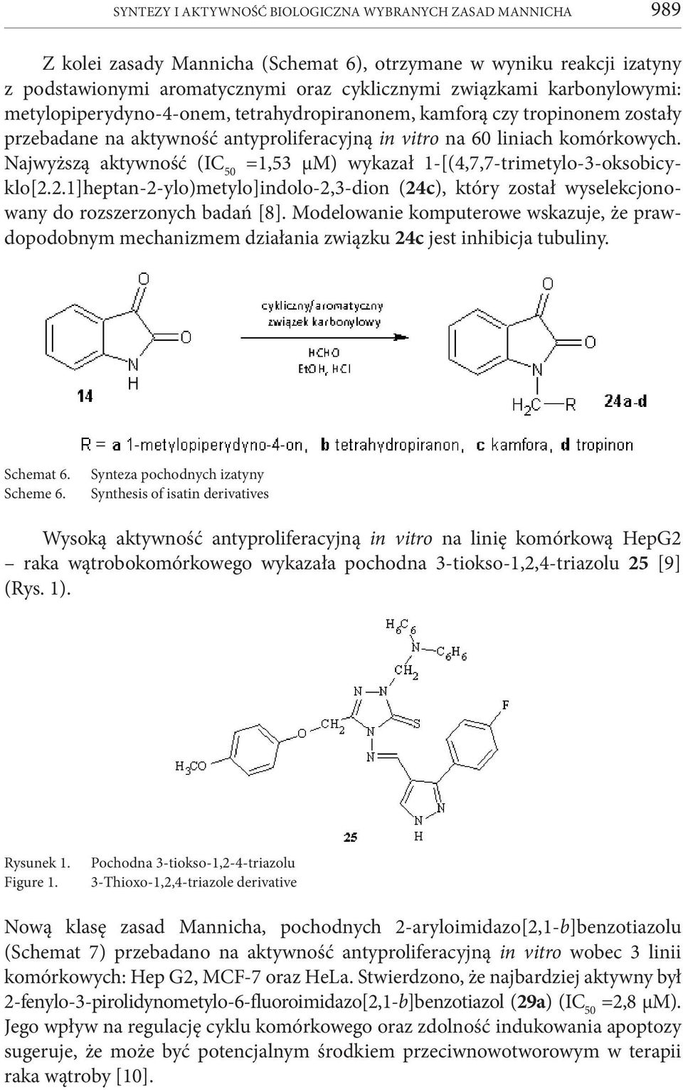Najwyższą aktywność (IC 50 =1,53 μm) wykazał 1-[(4,7,7-trimetylo-3-oksobicyklo[2.2.1]heptan-2-ylo)metylo]indolo-2,3-dion (24c), który został wyselekcjonowany do rozszerzonych badań [8].