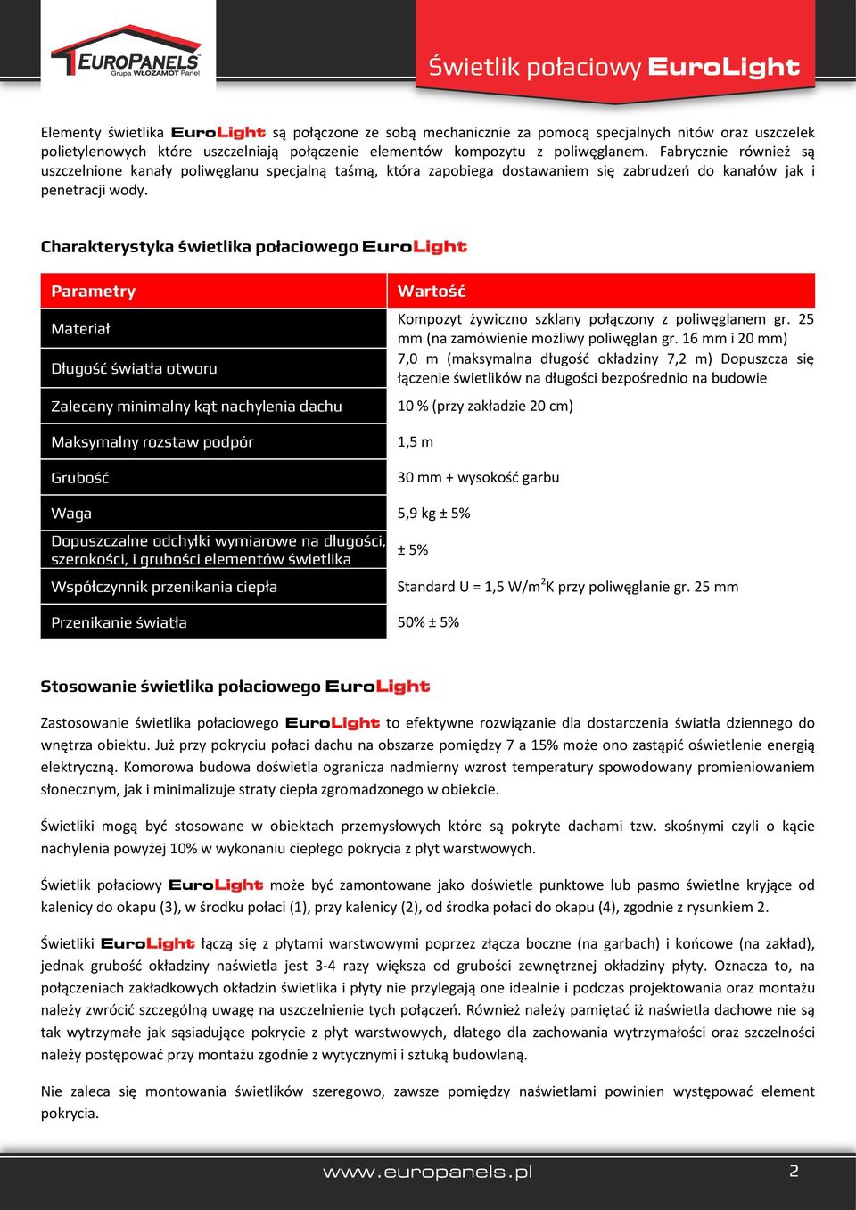 Charakterystyka świetlika połaciowego EuroLight Parametry Materiał Długość światła otworu Zalecany minimalny kąt nachylenia dachu Maksymalny rozstaw podpór Grubość Wartość Kompozyt żywiczno szklany