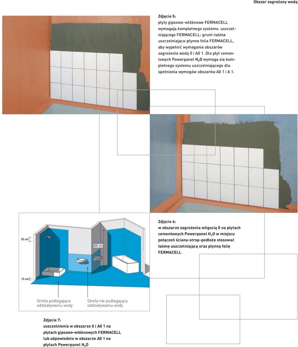 Zdjęcie 6: w obszarze zagrożenia wilgocią 0 na płytach cementowych Powerpanel H 2 O w miejscu połączeń ściana-strop-podłoże stosować taśmę uszczelniającą oraz płynną folię FERMACELL Strefa
