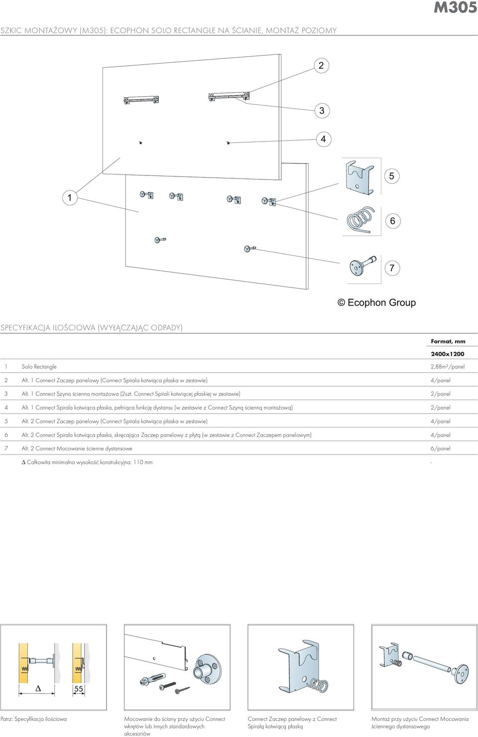 1 Connect Spirala kotwiąca płaska, pełniąca funkcję dystansu (w zestawie z Connect Szyną ścienną montażową) 2/panel 5 Alt.