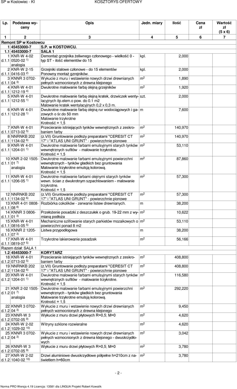 3 KNNR 3 0702- m 2 1,890 04 3) pełnych wzmocnionych z drewna klejonego 4 KNR-W 4-01 Dwukrotne malowanie farbą olejną grzejników m 2 1,920 1212-19 4) 5 KNR-W 4-01 Dwukrotne malowanie farbą olejną
