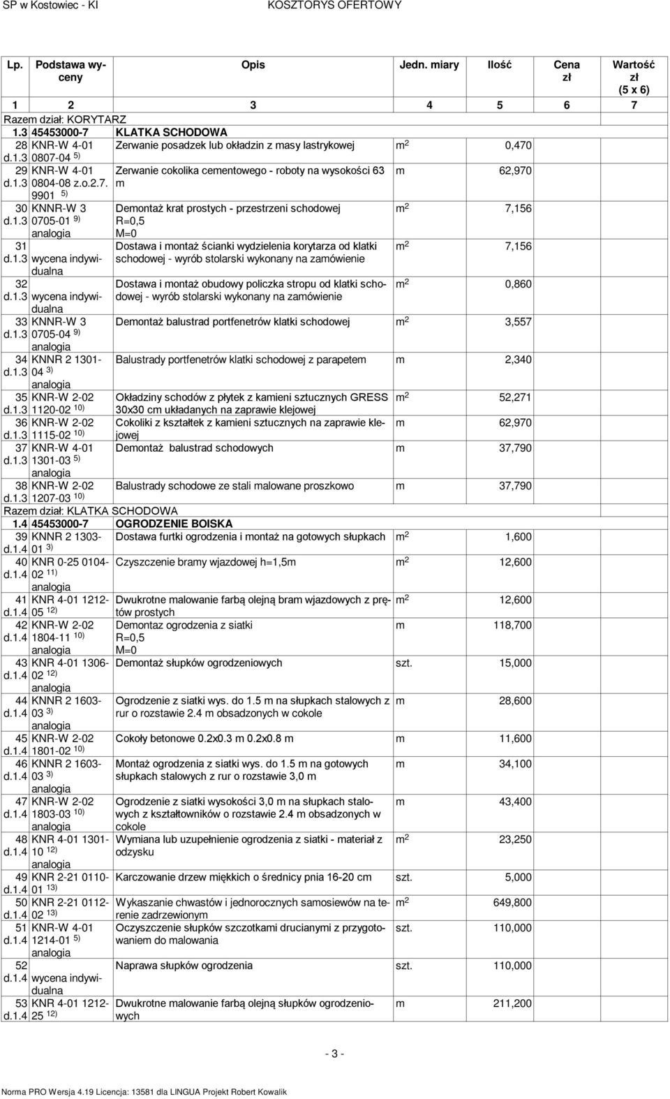 0807-04 5) 29 KNR-W 4-01 0804-08 z.o.2.7. Zerwanie cokolika cementowego - roboty na wysokości 63 m m 62,970 30 9901 5) KNNR-W 3 0705-01 9) 31 wycena indywidualna 32 wycena indywidualna 33 34 KNNR-W 3