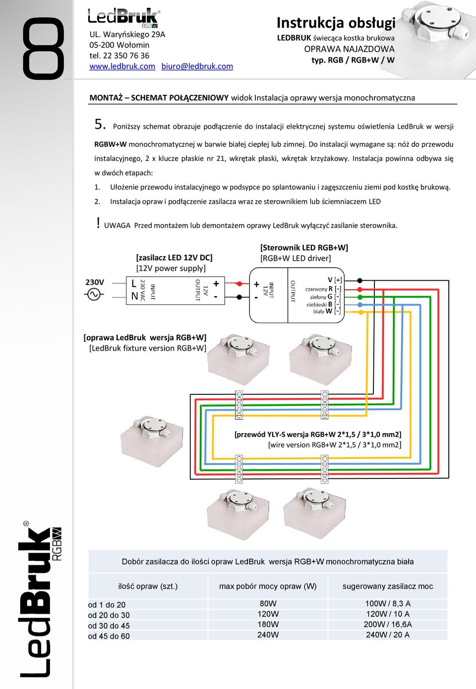 Do instalacji wymagane są: nóż do przewodu instalacyjnego, 2 x klucze płaskie nr 21, wkrętak płaski, wkrętak krzyżakowy. Instalacja powinna odbywa się w dwóch etapach: 1.