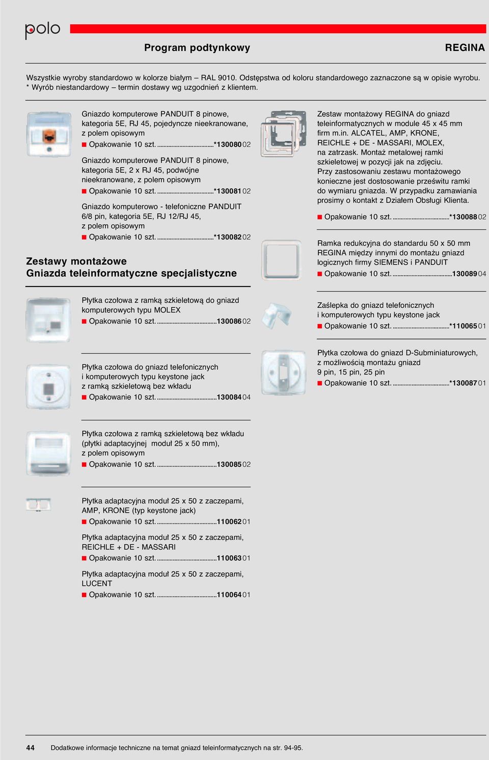 ...*13008002 Gniazdo komputerowe PANDUIT 8 pinowe, kategoria 5E, 2 x RJ 45, podwójne nieekranowane, Opakowanie 10 szt.