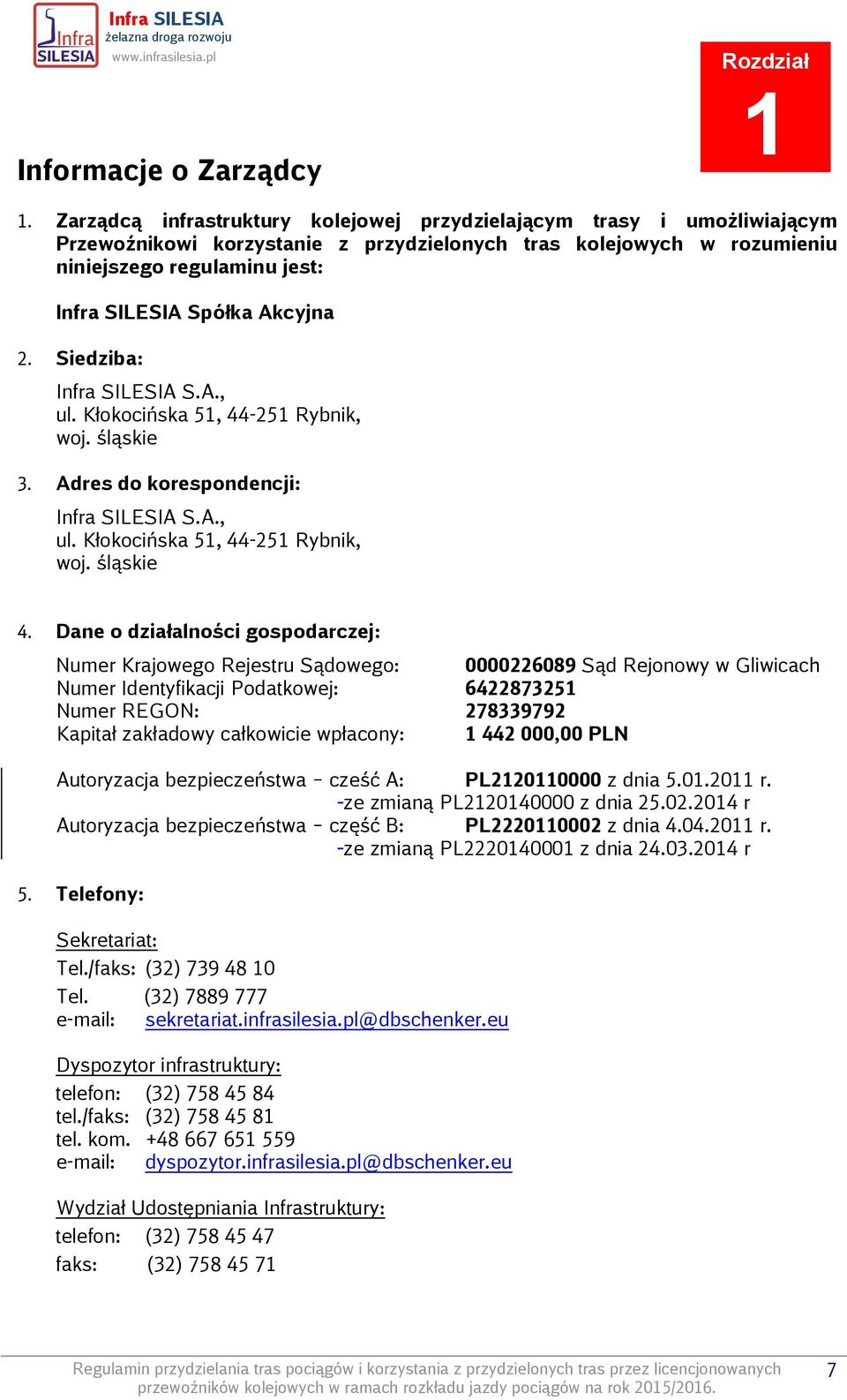 Akcyjna 2. Siedziba: Infra SILESIA S.A., ul. Kłokocińska 51, 44-251 Rybnik, woj. śląskie 3. Adres do korespondencji: Infra SILESIA S.A., ul. Kłokocińska 51, 44-251 Rybnik, woj. śląskie 4.