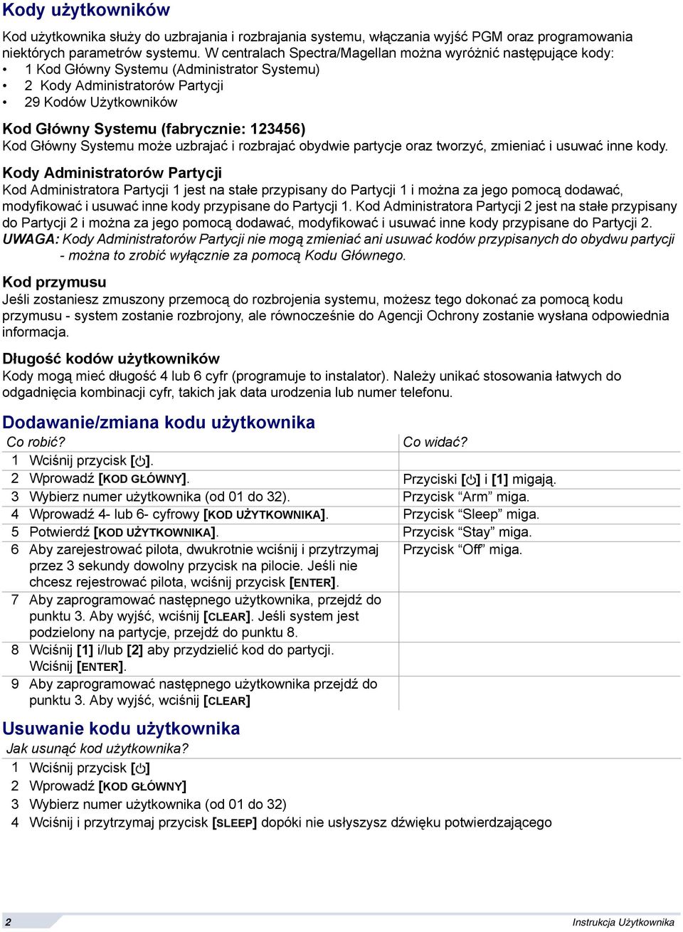123456) Kod Główny Systemu może uzbrajać i rozbrajać obydwie partycje oraz tworzyć, zmieniać i usuwać inne kody.