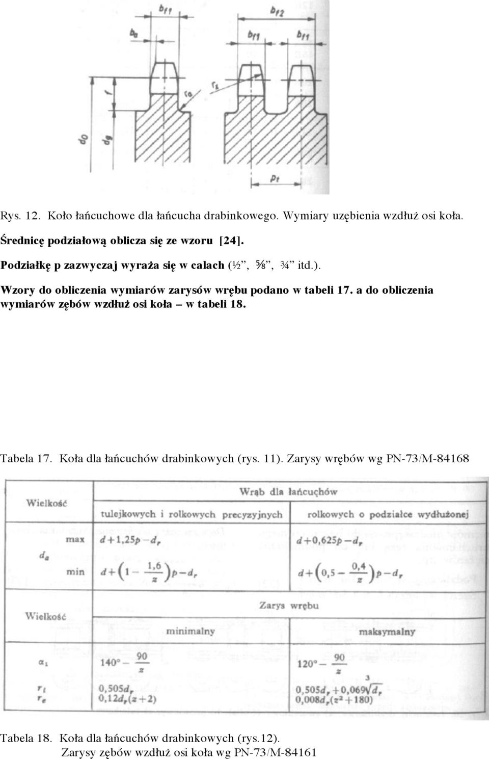 Wzory do obliczenia wymiarów zarysów wrębu podano w tabeli 17. a do obliczenia wymiarów zębów wzdłuż osi koła w tabeli 18.