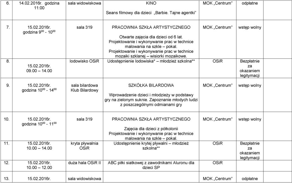 godzina 10 00-14 00 sala bilardowa Klub Bilardowy SZKÓŁKA BILARDOWA Wprowadzenie dzieci i młodzieży w podstawy gry na zielonym suknie. Zapoznanie młodych ludzi z poszczególnymi odmianami gry 10. 15.
