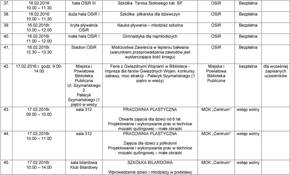 wodów jest wystarcjąca ilość śniegu) 42. 17.02.2016 r. godz. 9.00-14.00 43. 17.02.2016r. 09.00 10.00 44. 17.02.2016r. 10.00 11.00 Publiczna Ul.
