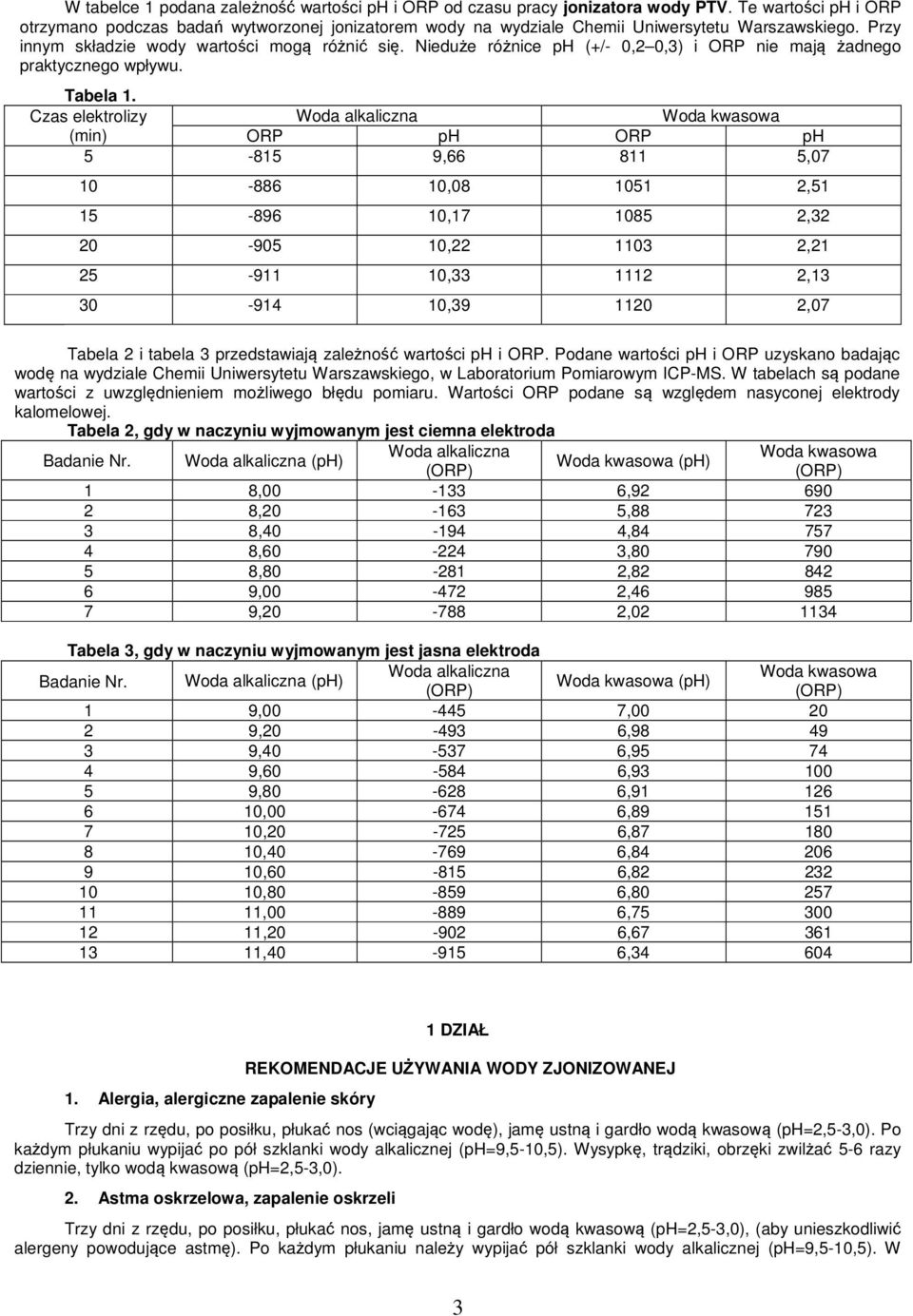 Nieduże różnice ph (+/- 0,2 0,3) i ORP nie mają żadnego praktycznego wpływu. Tabela 1.