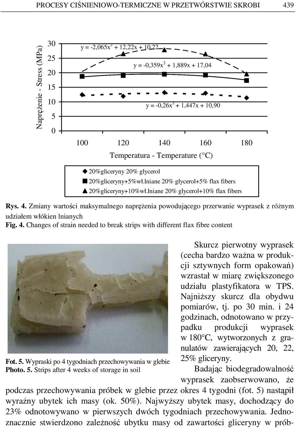 Zmiany wartości maksymalnego napręŝenia powodującego przerwanie wyprasek z róŝnym udziałem włókien lnianych Fig. 4. Changes of strain needed to break strips with different flax fibre content Fot. 5.