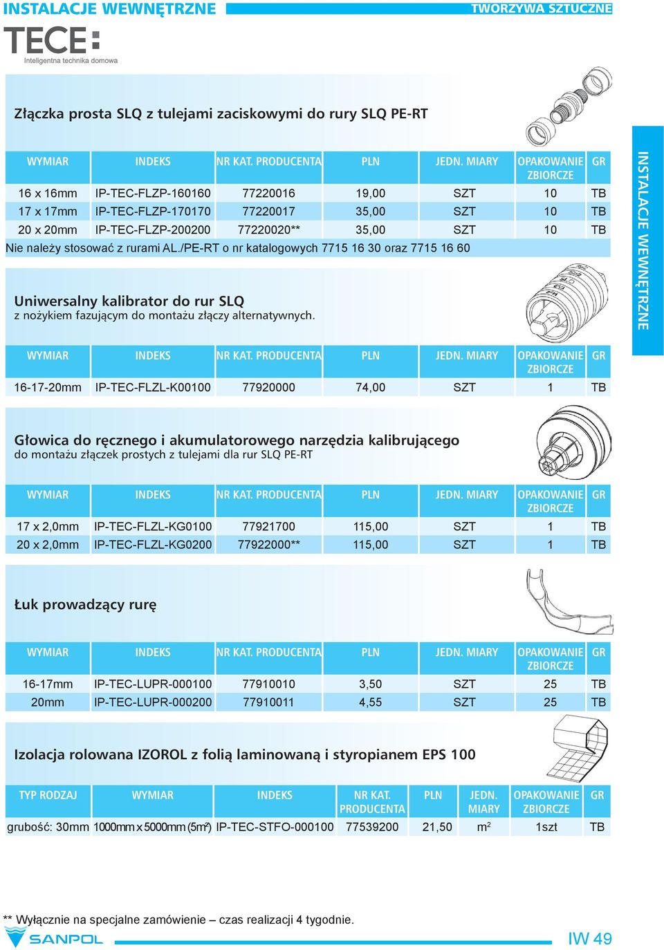 INSTALACJE WEWNĘTRZNE 16-17-20mm IP-TEC-FLZL-K00100 77920000 74,00 SZT 1 TB Głowica do ręcznego i akumulatorowego narzędzia kalibrującego do montażu złączek prostych z tulejami dla rur SLQ PE-RT 17 x