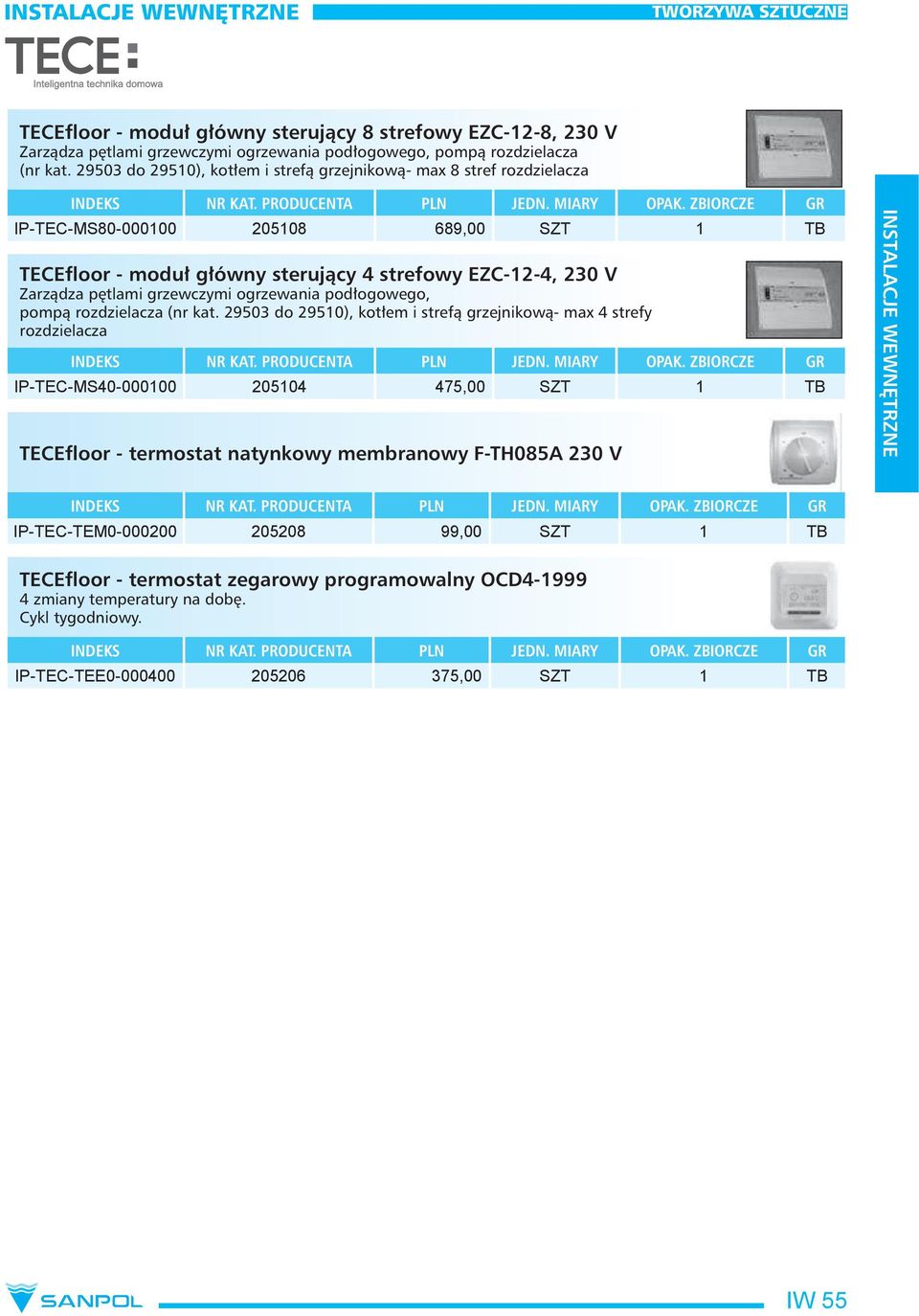IP-TEC-MS80-000100 205108 689,00 SZT 1 TB TECEfloor - moduł główny sterujący 4 strefowy EZC-12-4, 230 V Zarządza pętlami grzewczymi ogrzewania podłogowego, pompą rozdzielacza (nr kat.