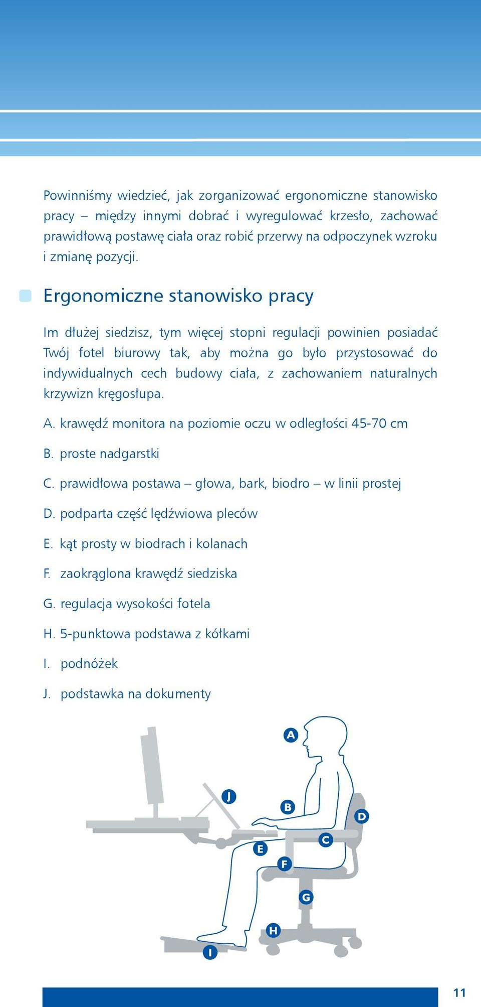 Ergonomiczne stanowisko pracy Im dłużej siedzisz, tym więcej stopni regulacji powinien posiadać Twój fotel biurowy tak, aby można go było przystosować do indywidualnych cech budowy ciała, z
