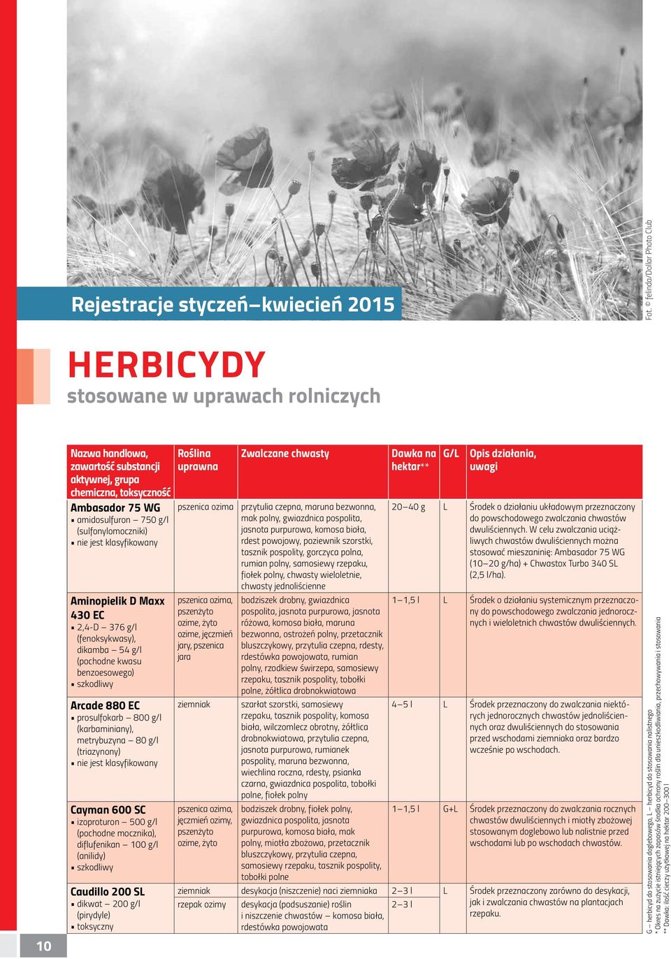 benzoesowego) Arcade 880 EC prosulfokarb 800 g/l (karbaminiany), metrybuzyna 80 g/l (triazynony) Cayman 600 SC izoproturon 500 g/l (pochodne mocznika), diflufenikan 100 g/l (anilidy) Caudillo 200 SL