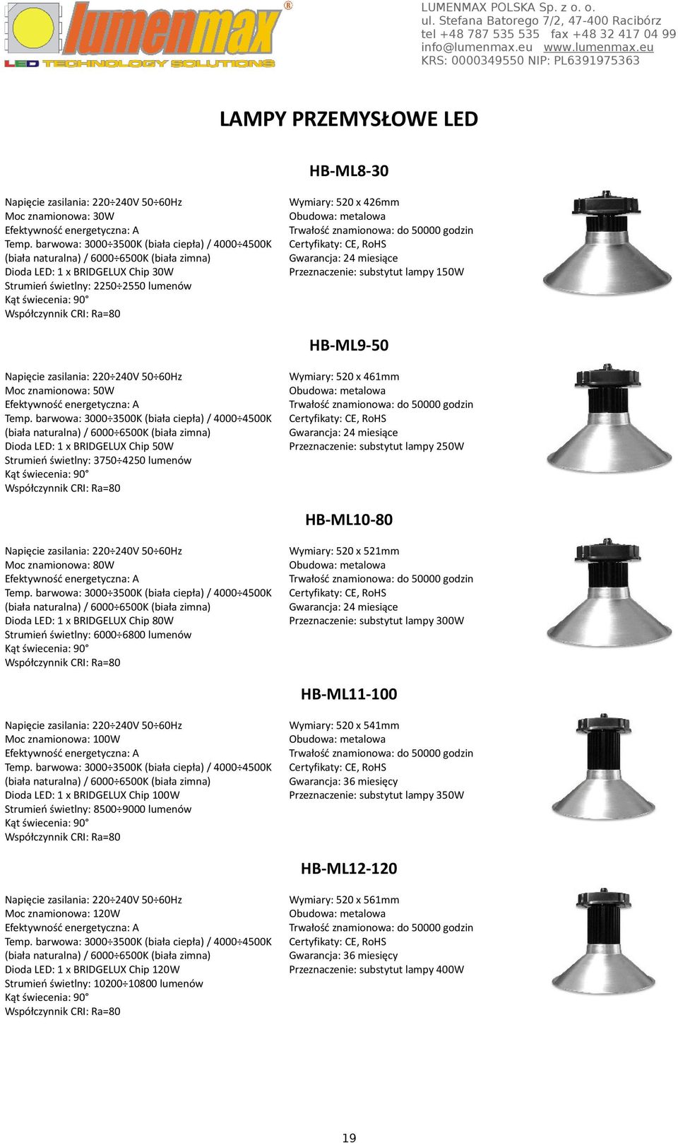 426mm Obudowa: metalowa Trwałość znamionowa: do 50000 godzin Przeznaczenie: substytut lampy 150W HB-ML9-50 Moc znamionowa: 50W Temp.