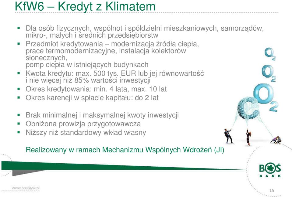 EUR lub jej równowartość i nie więcej niŝ 85% wartości inwestycji Okres kredytowania: min. 4 lata, max.
