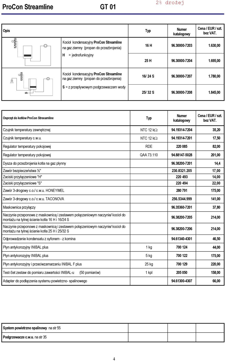845,00 Osprzęt do kotłów Streeamline Typ Czujnik temperatury zewnętrznej NTC 12 k 94.19314-7204 35,20 Czujnik temperatury c.w.u. NTC 12 k 94.19314-7201 17,50 Regulator temperatury pokojowej RDE 220 085 82,00 Regulator temperatury pokojowej QAA 73.