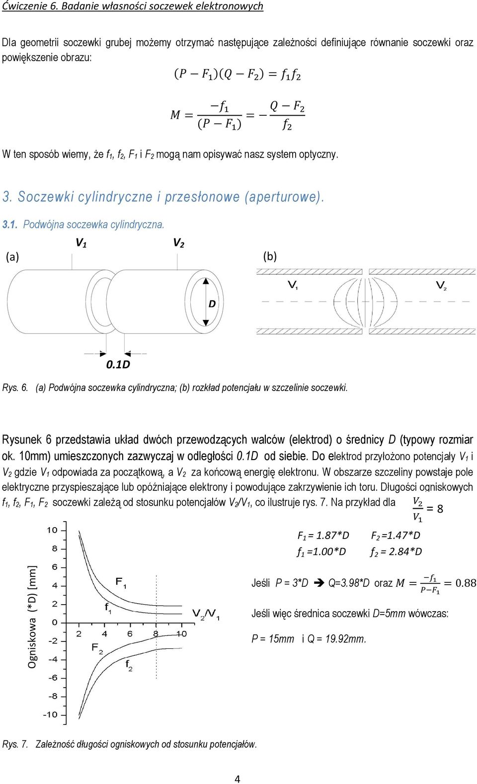 (a) Podwójna soczewka cylindryczna; (b) rozkład potencjału w szczelinie soczewki. Rysunek 6 przedstawia układ dwóch przewodzących walców (elektrod) o średnicy D (typowy rozmiar ok.