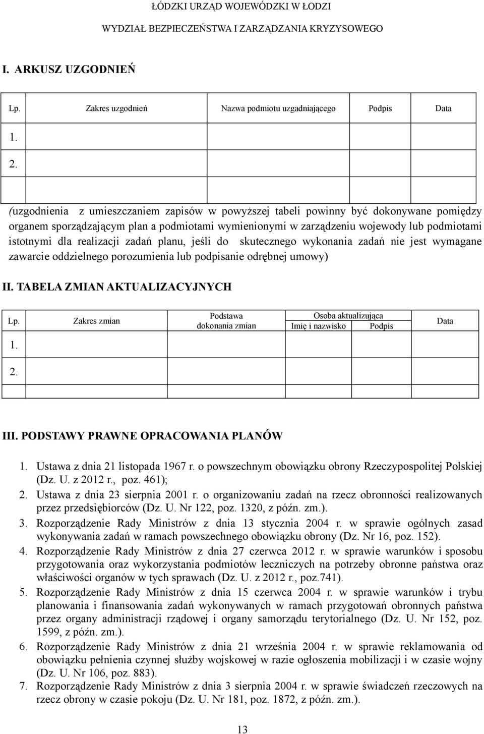 realizacji zadań planu, jeśli do skutecznego wykonania zadań nie jest wymagane zawarcie oddzielnego porozumienia lub podpisanie odrębnej umowy) II. TABELA ZMIAN AKTUALIZACYJNYCH Lp.