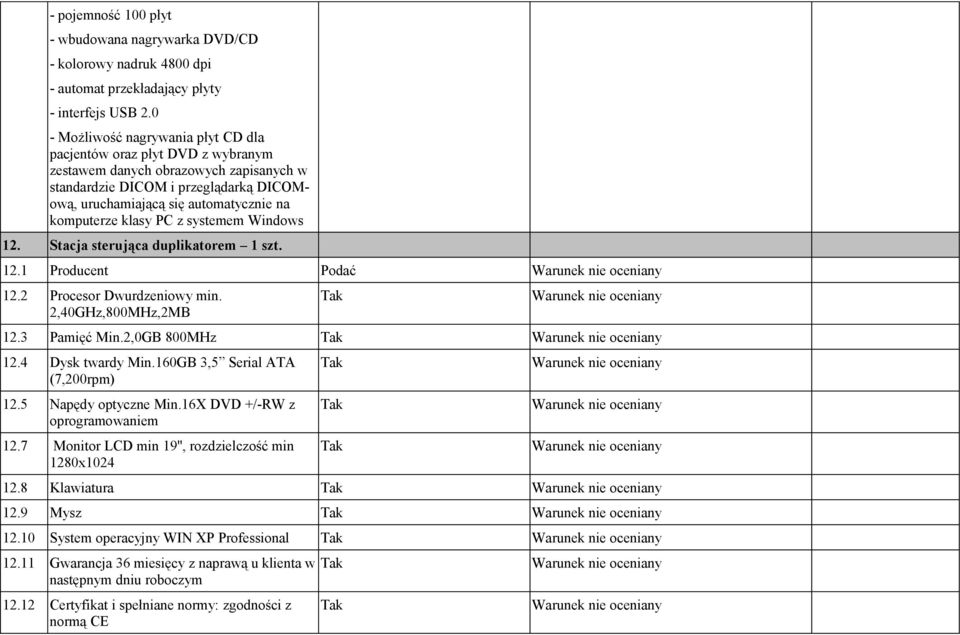 komputerze klasy PC z systemem Windows 12. Stacja sterująca duplikatorem 1 szt. 12.1 Producent Podać 12.2 Procesor Dwurdzeniowy min. 2,40GHz,800MHz,2MB 12.3 Pamięć Min.2,0GB 800MHz 12.