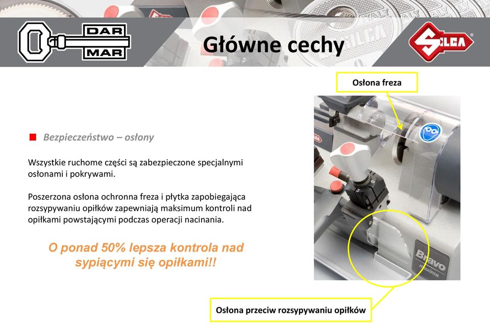 Poszerzona osłona ochronna freza i płytka zapobiegająca rozsypywaniu X opiłków zapewniają