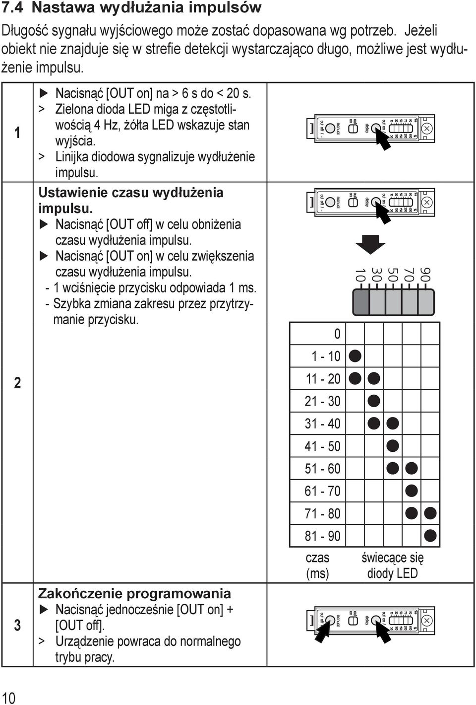 Ustawienie czasu wydłużenia impulsu. Nacisnąć [OUT off] w celu obniżenia czasu wydłużenia impulsu. Nacisnąć [OUT on] w celu zwiększenia czasu wydłużenia impulsu. -- wciśnięcie przycisku odpowiada ms.