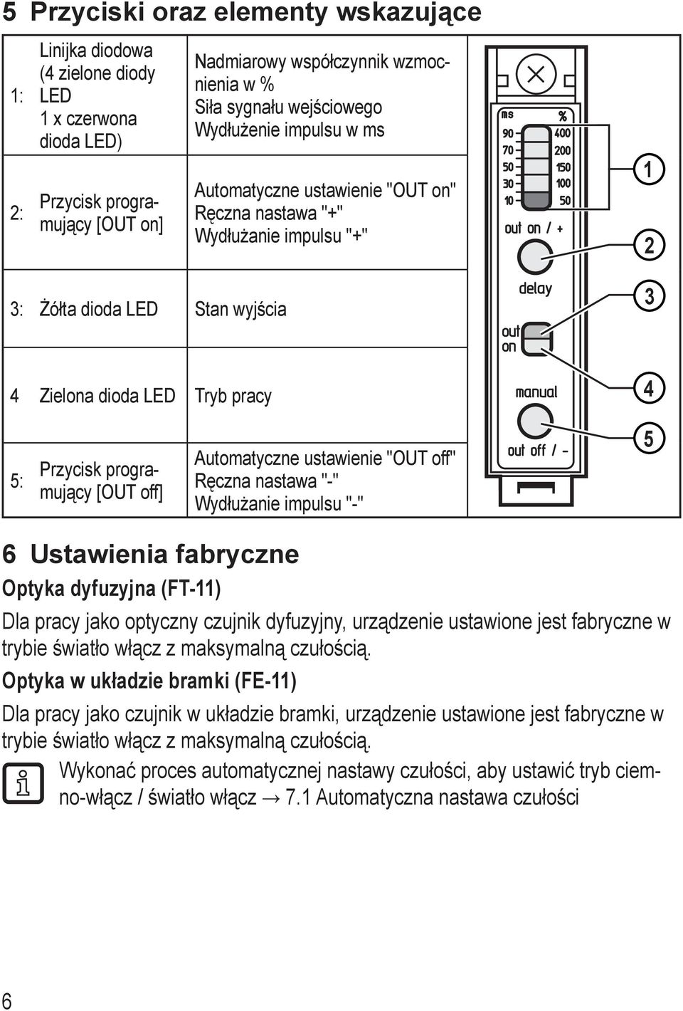 Automatyczne ustawienie "OUT off" Ręczna nastawa "-" Wydłużanie impulsu "-" 5 6 Ustawienia fabryczne Optyka dyfuzyjna (FT-) Dla pracy jako optyczny czujnik dyfuzyjny, urządzenie ustawione jest