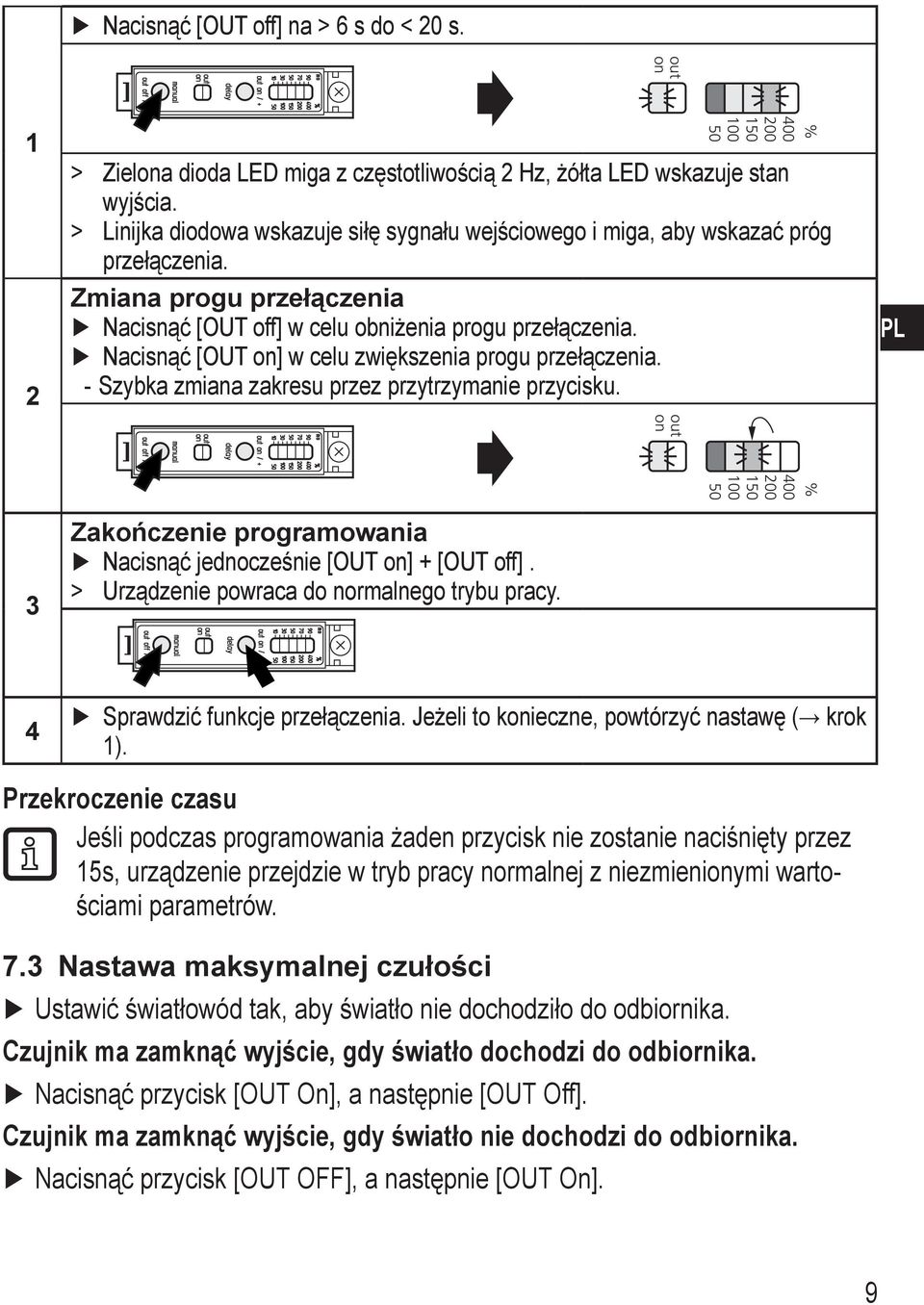 Nacisnąć [OUT on] w celu zwiększenia progu przełączenia. --Szybka zmiana zakresu przez przytrzymanie przycisku.