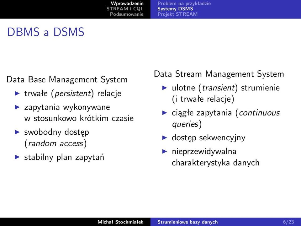 Data Stream Management System ulotne (transient) strumienie (i trwałe relacje) ciągłe zapytania (continuous
