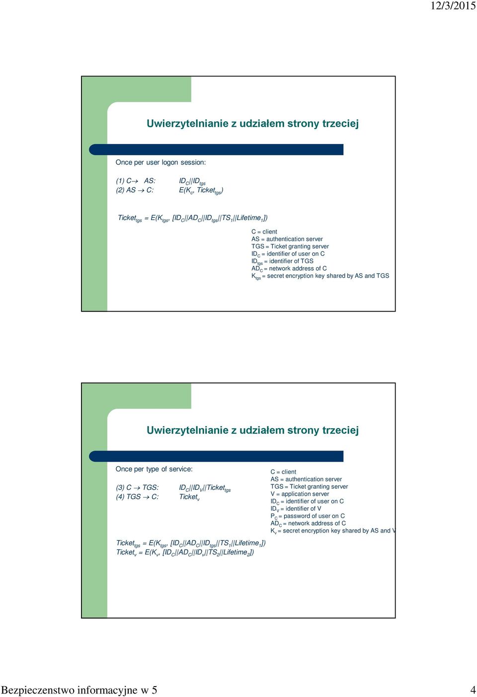 Uwierzytelnianie z udziałem strony trzeciej Once per type of service: (3) C TGS: ID C ID V Ticket tgs (4) TGS C: Ticket v Ticket tgs = E(K tgs, [ID C AD C ID tgs TS 1 Lifetime 1 ]) Ticket v = E(K v,