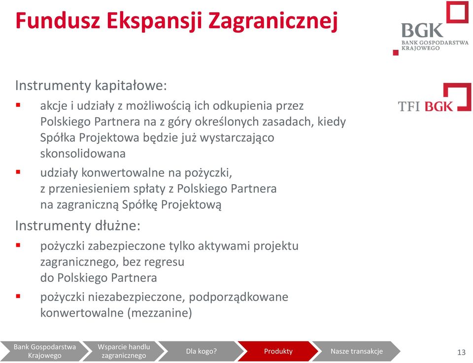 pożyczki, z przeniesieniem spłaty z Polskiego Partnera na zagraniczną Spółkę Projektową Instrumenty dłużne: pożyczki