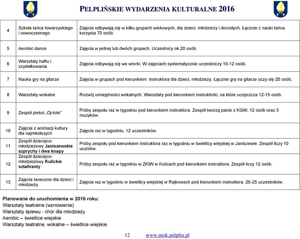 7 Nauka gry na gitarze Zajęcia w grupach pod kierunkiem instruktora dla dzieci, młodzieży. Łącznie gry na gitarze uczy się 20 osób. 8 Warsztaty wokalne Rozwój umiejętności wokalnych.