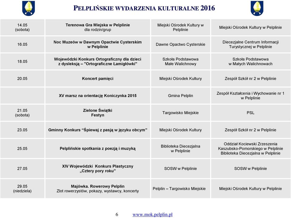 05 Koncert pamięci Zespół Szkół nr 2 XV marsz na orientację Koniczynka 2015 Gmina Zespół Kształcenia i Wychowanie nr 1 21.05 Zielone Świątki Festyn Targowisko Miejskie PSL 23.