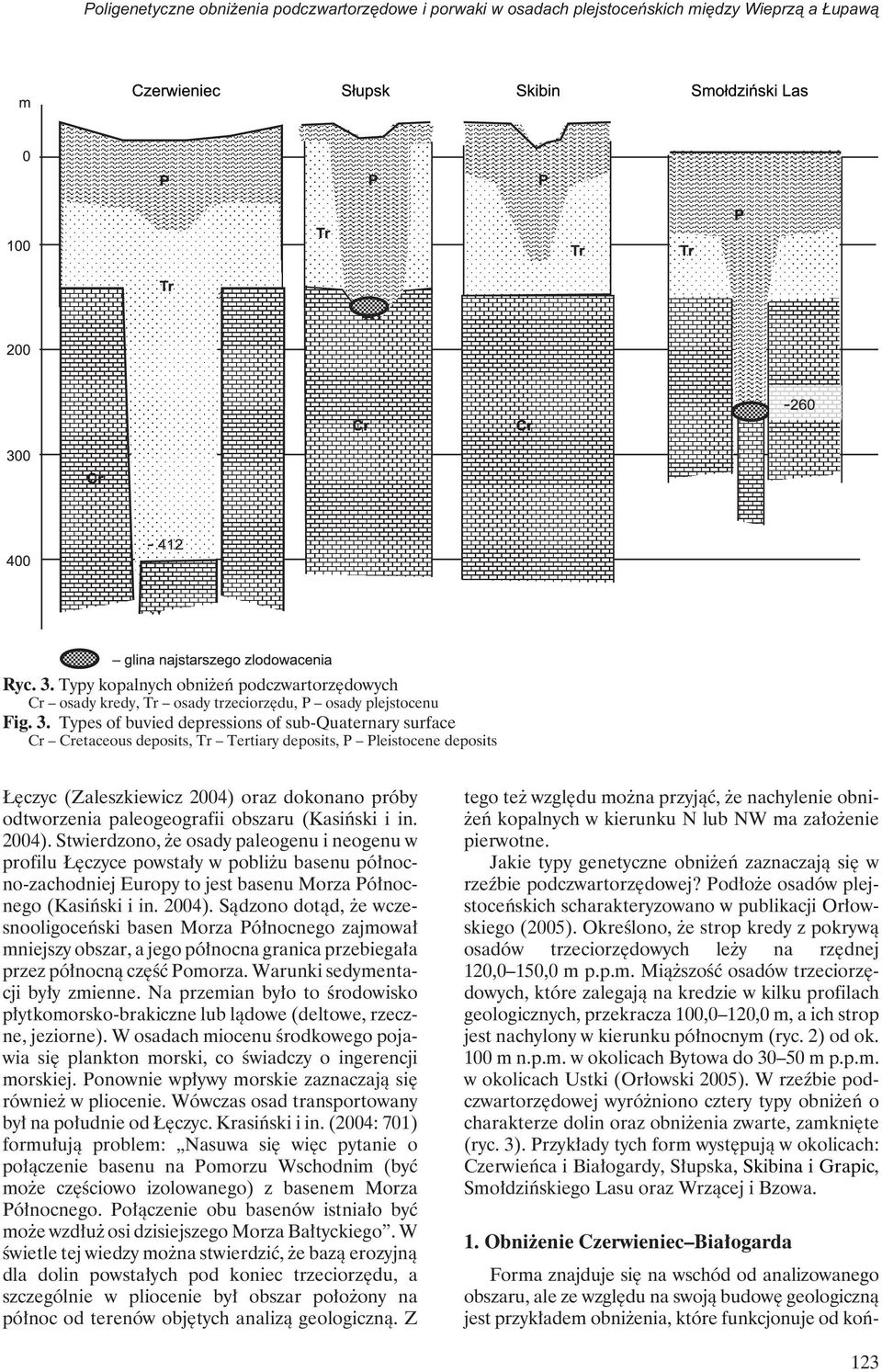Types of buvied depressions of sub-quaternary surface Cr Cretaceous deposits, Tr Tertiary deposits, P Pleistocene deposits Łęczyc (Zaleszkiewicz 2004) oraz dokonano próby odtworzenia paleogeografii