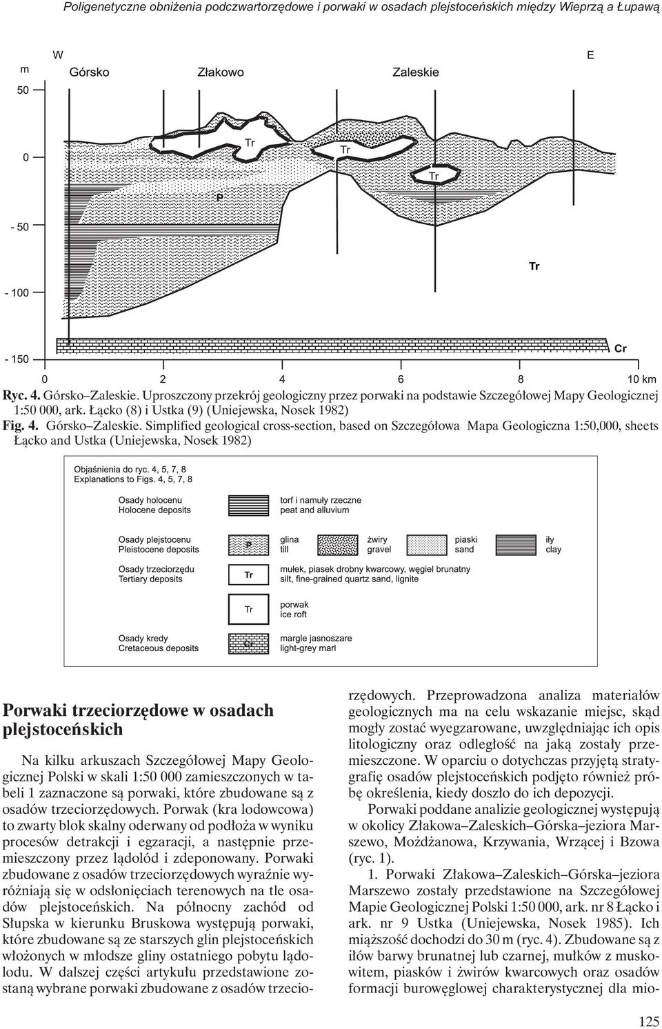 Simplified geological cross-section, based on Szczegółowa Mapa Geologiczna 1:50,000, sheets Łącko and Ustka (Uniejewska, Nosek 1982) Porwaki trzeciorzędowe w osadach plejstoceńskich Na kilku