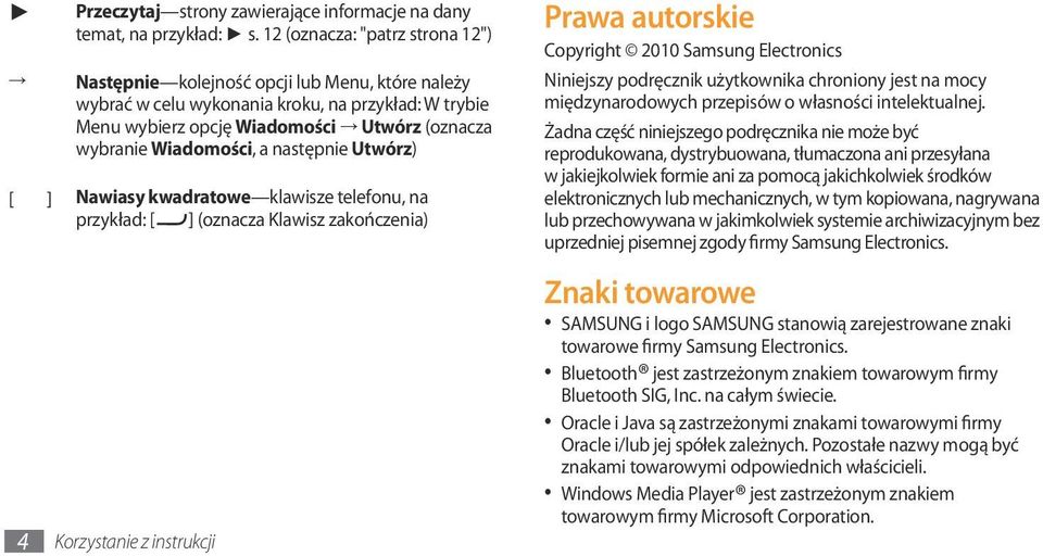 Wiadomości, a następnie Utwórz) [ ] Nawiasy kwadratowe klawisze telefonu, na przykład: [ ] (oznacza Klawisz zakończenia) Korzystanie z instrukcji Prawa autorskie Copyright 2010 Samsung Electronics