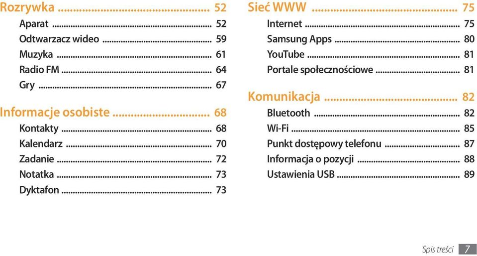 .. 73 Sieć WWW... 75 Internet... 75 Samsung Apps... 80 YouTube... 81 Portale społecznościowe.