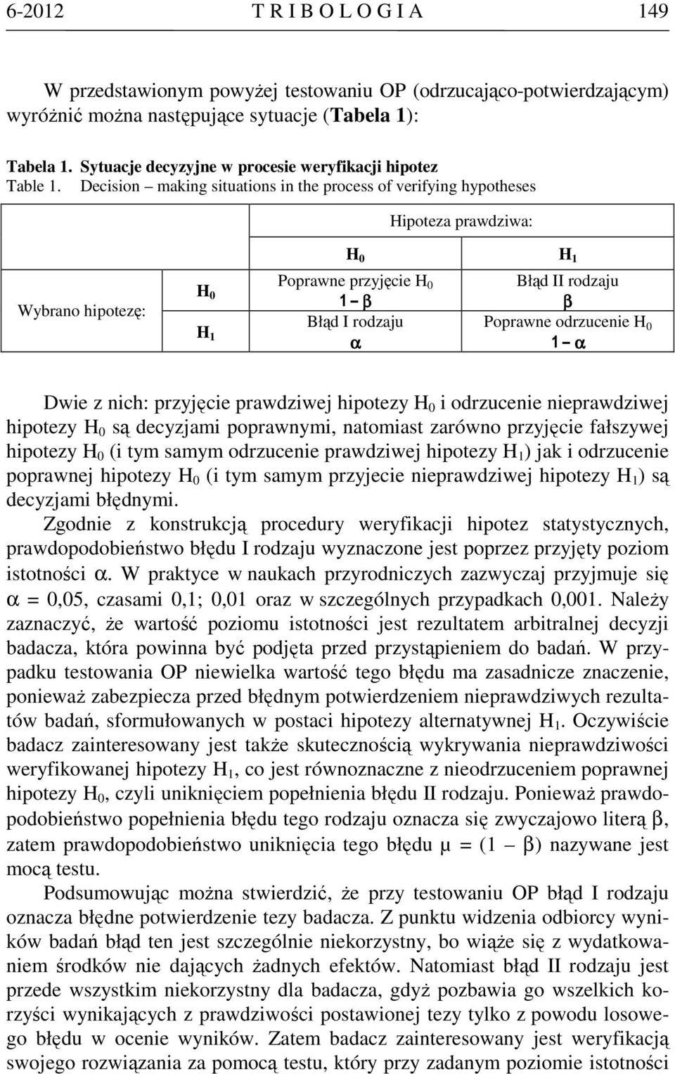 Decision making situations in the process of verifying hypotheses Hipoteza prawdziwa: Wybrano hipotezę: Poprawne przyjęcie H H 0 0 1 β Błąd I rodzaju H 1 α H 0 H 1 Błąd II rodzaju β Poprawne