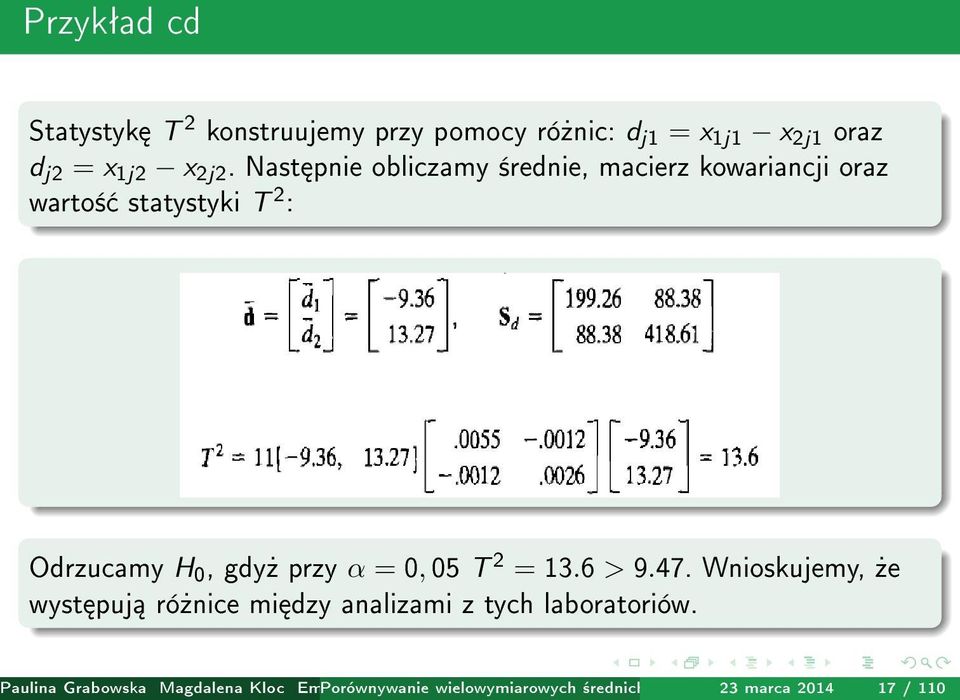 6 > 9.47. Wnioskujemy,»e wyst puj ró»nice mi dzy analizami z tych laboratoriów.