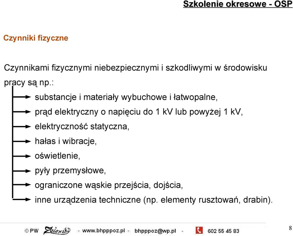 powyżej 1 kv, elektryczność statyczna, hałas i wibracje, oświetlenie, pyły przemysłowe,